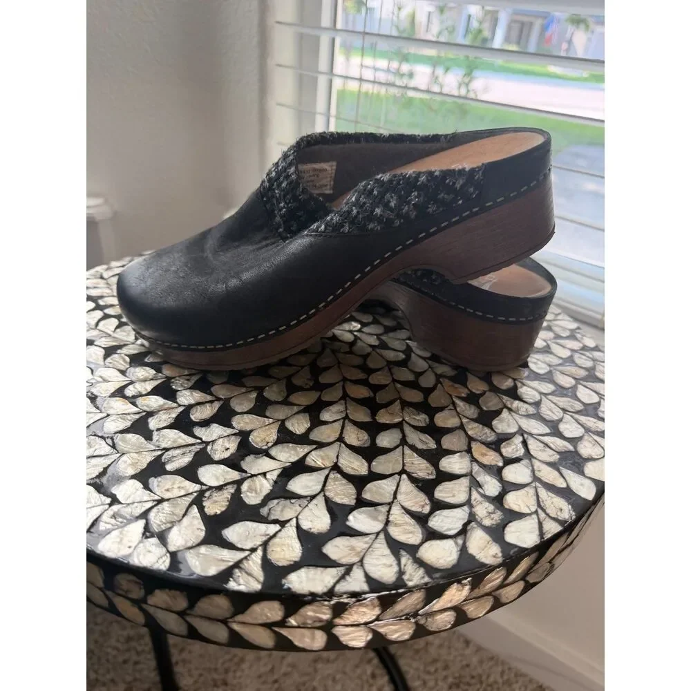Dansko BEV Burnished Black Nubuck Leather Clog Slip On Mules Sz 39